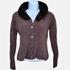 Brown Ribbed Button-Up Sweater with Black Faux Fur Collar